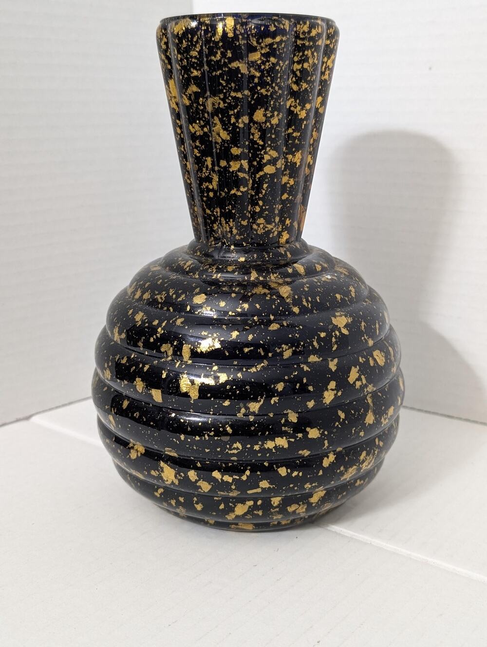 Vintage Cobalt Blue Spatter Speckle Glass Fluted Ribbed Vase